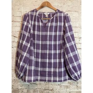 CJ Banks Top Womens X Purple Plaid Balloon Sleeve V Neck Lightweight Plus Cotton